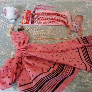 PINK RED BEADS PINK SCARF  DOLLY OLD CUP SLEEP MASK DODADS LOT